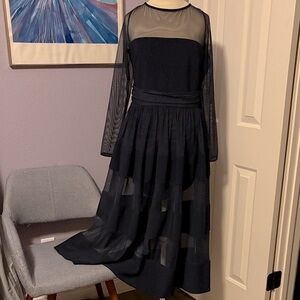 Betsy & Adam Navy Long Sleeve Dress with Sheer Details & Full Skirt